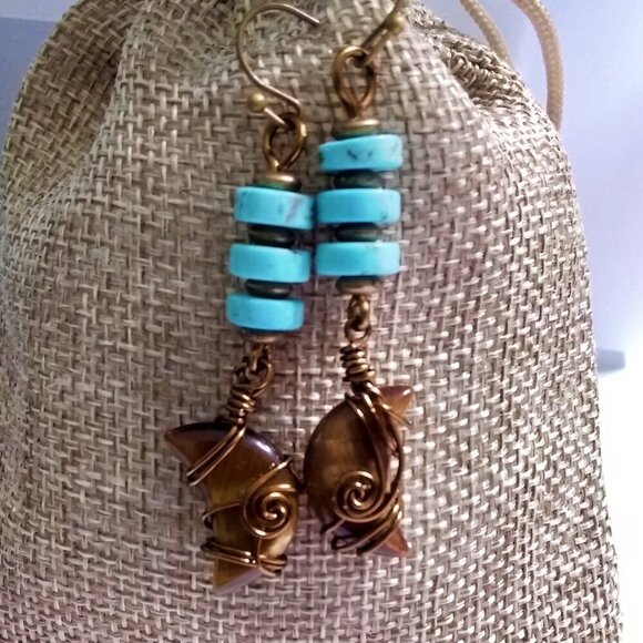 Wire Wrapped Tigereye Moon + Turquoise Howlite ~ One-of-a-kind Dangle Earrings - Picture 6 of 13
